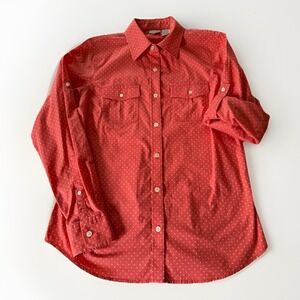 LL Bean Women's Pink Polka Dot Button Up Shirt Small Roll Tab Sleeves